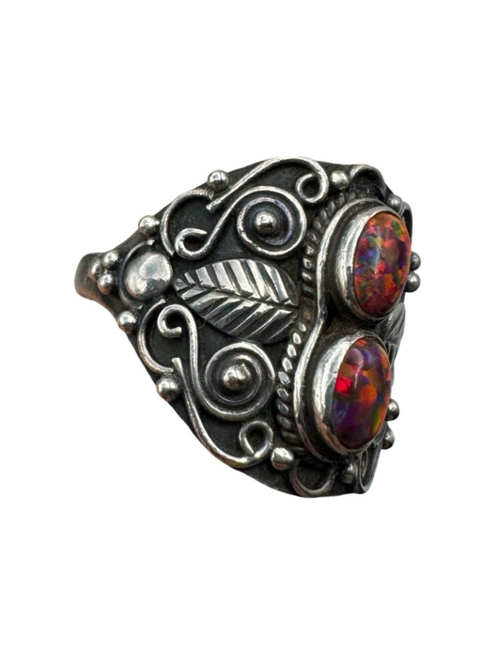 Vintage Sterling Silver Double Opal Ring Southwestern Ornate Setting Sz 8.25 - Picture 3 of 16